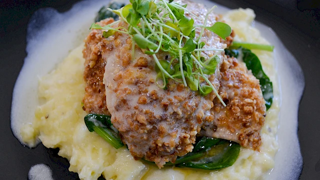 Crispy fried chicken atop creamy mashed potatoes with wilted greens, a light brown gravy, and microgreens on top, plated in a black dish.